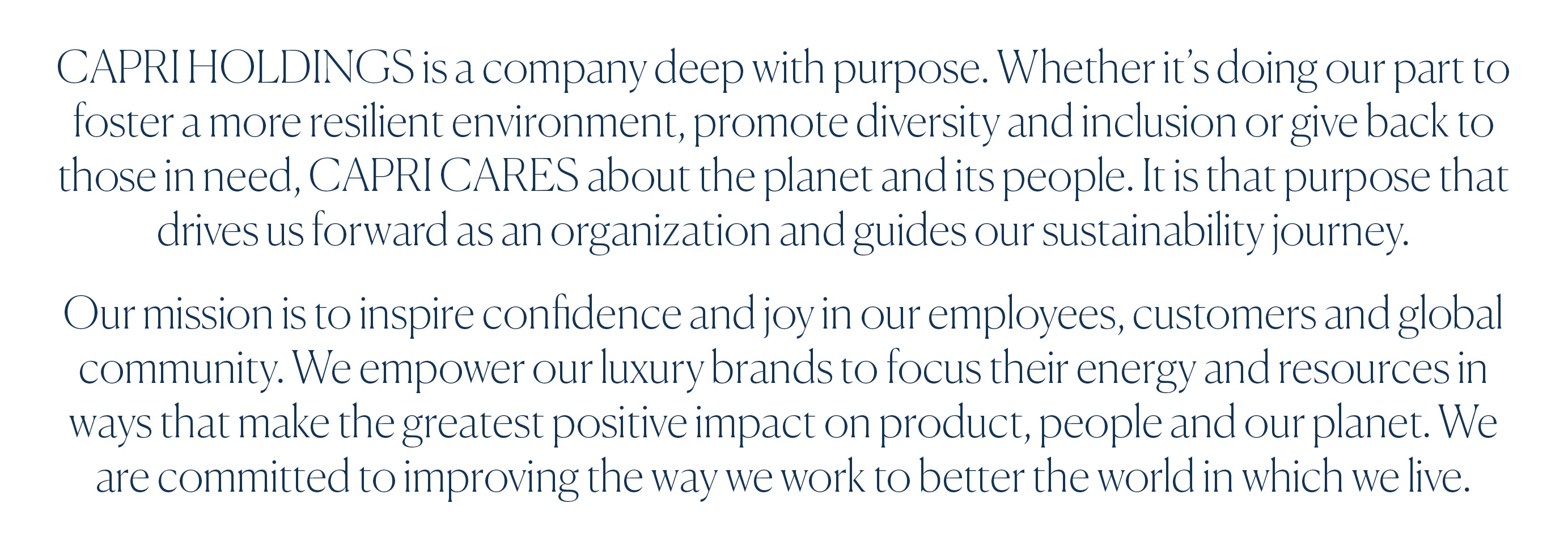 Text image describing Capri Holdings’ commitment to sustainability, diversity, and empowerment, focusing on impactful luxury brand practices and global community betterment.