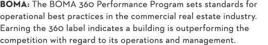 BOMA: The BOMA 360 Performance Program sets standards for operational best practices in the commercial real estate in   