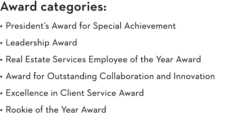 Award categories: President s Award for Special Achievement Leadership Award Real Estate Services Employee of the Yea   