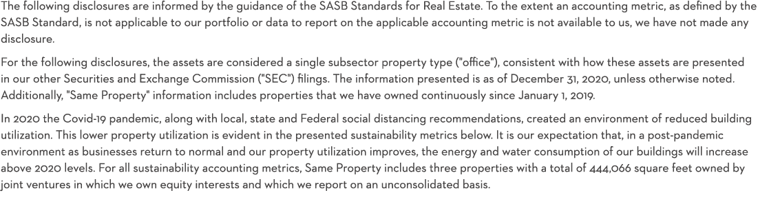 The following disclosures are informed by the guidance of the SASB Standards for Real Estate  To the extent an accoun   