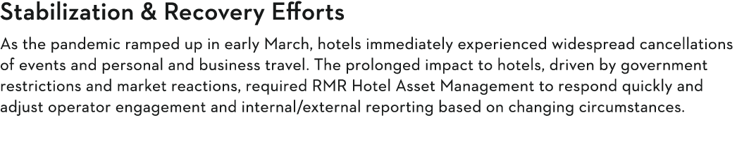 Stabilization & Recovery Efforts  As the pandemic ramped up in early March, hotels immediately experienced widespread   