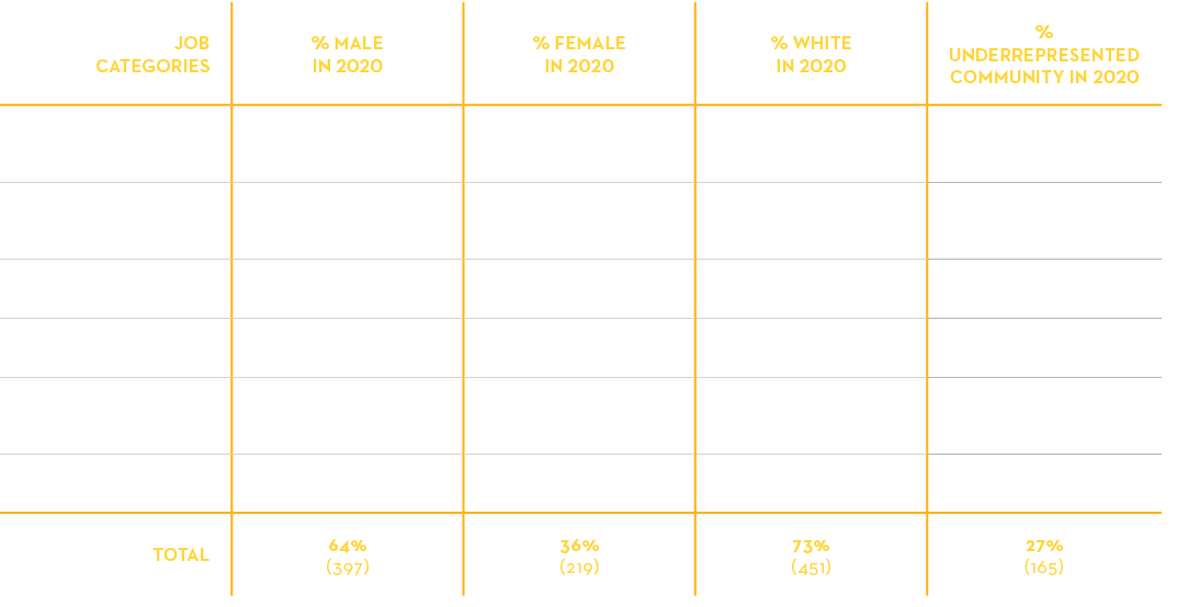 Job Categories,% Male in 2020,% Female in 2020,% White in 2020,% Underrepresented Community in 2020,Executive Sr Offi   