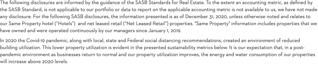 The following disclosures are informed by the guidance of the SASB Standards for Real Estate  To the extent an accoun   