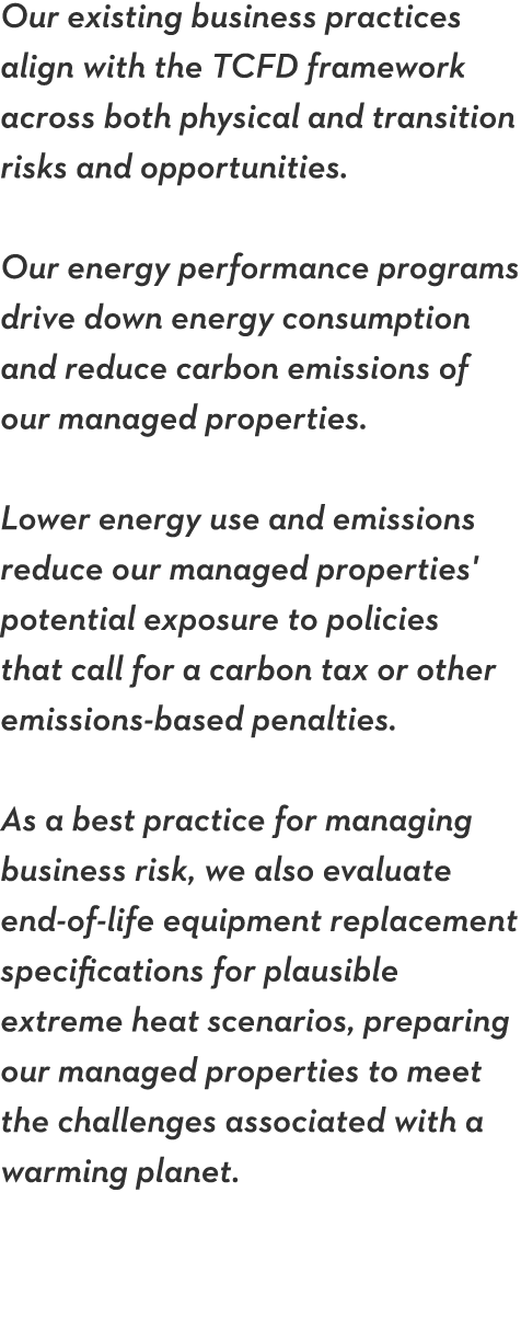 Our existing business practices align with the TCFD framework across both physical and transition risks and opportuni   