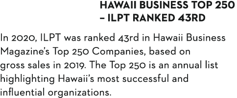 Hawaii Business Top 250   ILPT ranked 43rd In 2020, ILPT was ranked 43rd in Hawaii Business Magazine s Top 250 Compan   