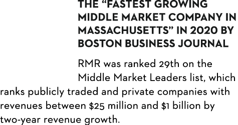 The  Fastest Growing Middle Market Company in Massachusetts  in 2020 by Boston Business Journal RMR was ranked 29th o   