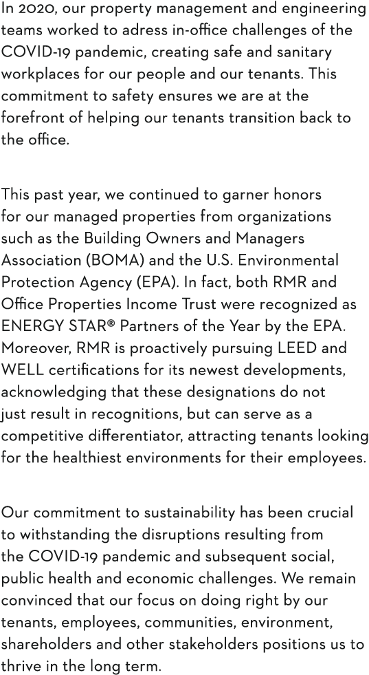 In 2020, our property management and engineering teams worked to adress in-office challenges of the COVID-19 pandemic   