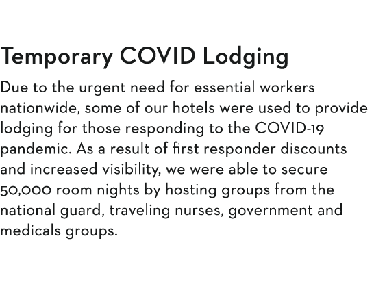 Temporary COVID Lodging  Due to the urgent need for essential workers nationwide, some of our hotels were used to pro   