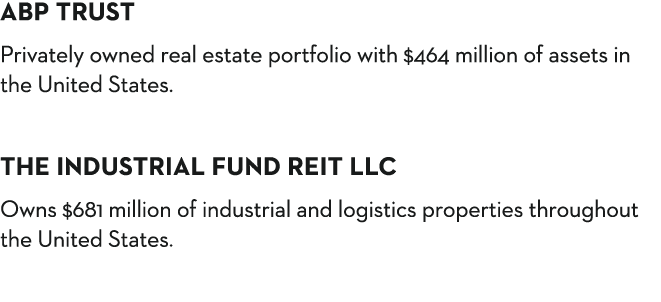 ABP Trust  Privately owned real estate portfolio with  464 million of assets in the United States  The industrial fun   