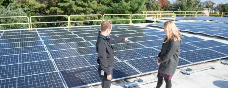 Two people examining a large array of functioning solar panels outside