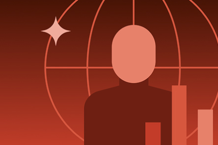 Red graphic composition with a wired globe in a background, a person in front and bars representind data in the foreground
