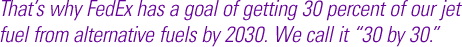 That's why FedEx has a goal of getting 30 percent of our jet fuel from alternative fuels by 2030. We call it ”30 by 30.“