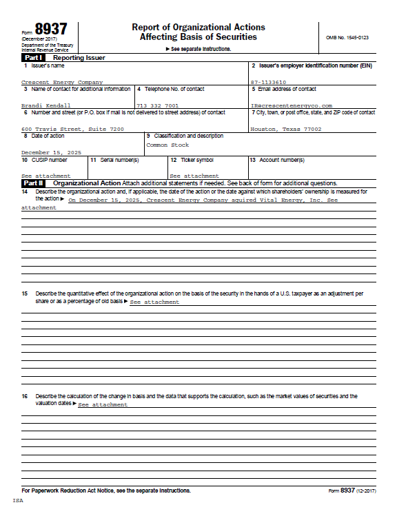 Thumbnail Vital Energy Transaction – Form 8937